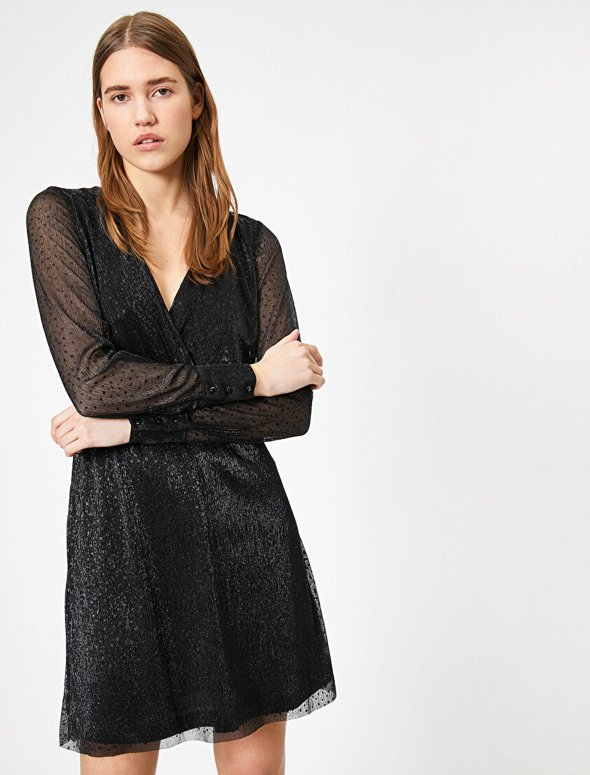 Sırt Bağlama Detaylı Kruvaze Bel Büzgülü Mini Elbise