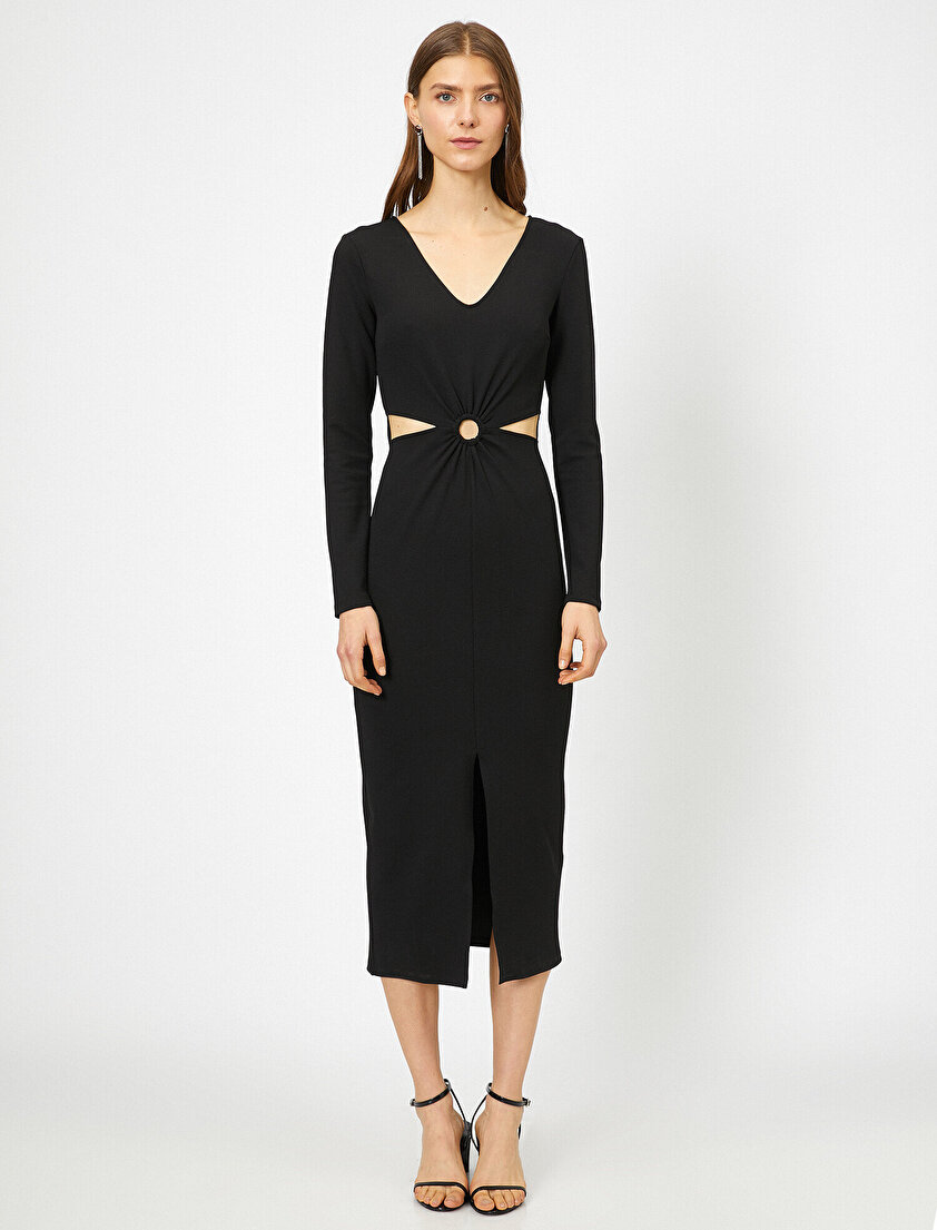 V Yaka Yırtmaçlı Bel Detaylı Midi Boy Elbise