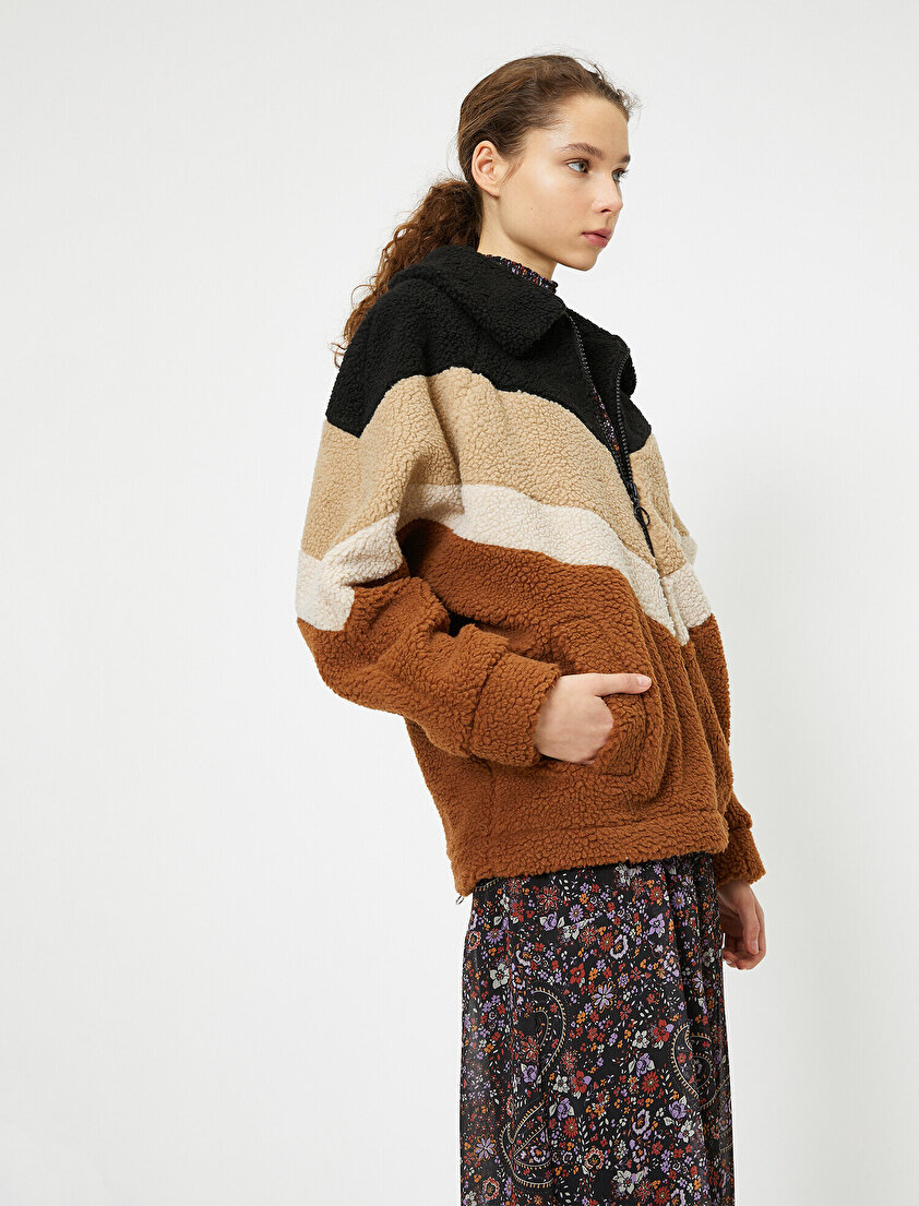 Renk Bloklu Peluş Mont