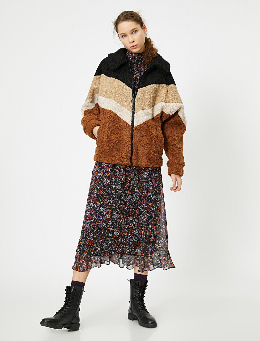 Renk Bloklu Peluş Mont