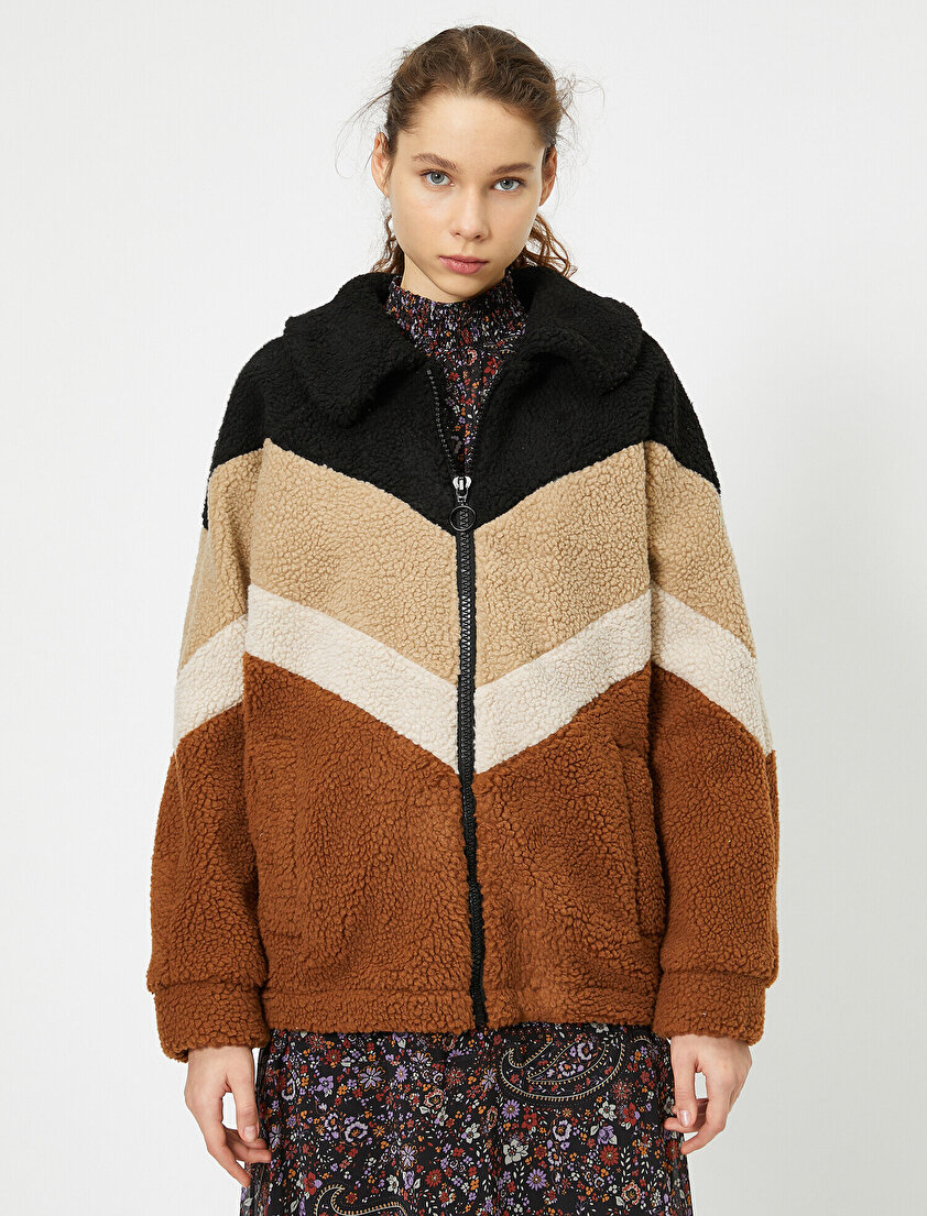 Renk Bloklu Peluş Mont