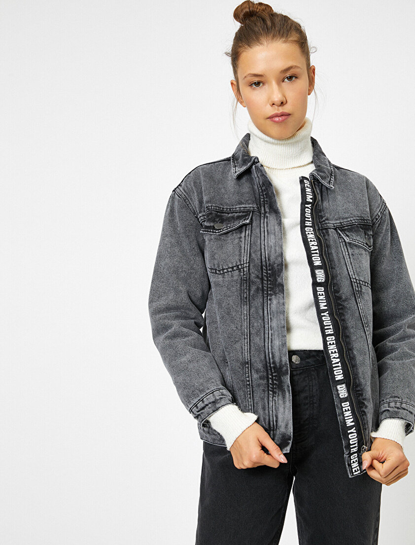 Fermuar Detaylı Jean Ceket