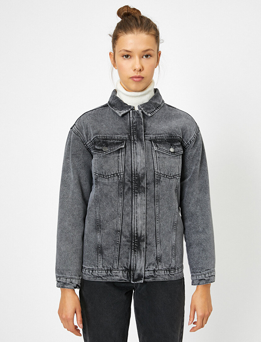 Fermuar Detaylı Jean Ceket
