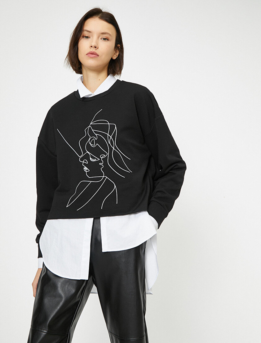 Baskılı Uzun Kol Kısa Sweatshirt