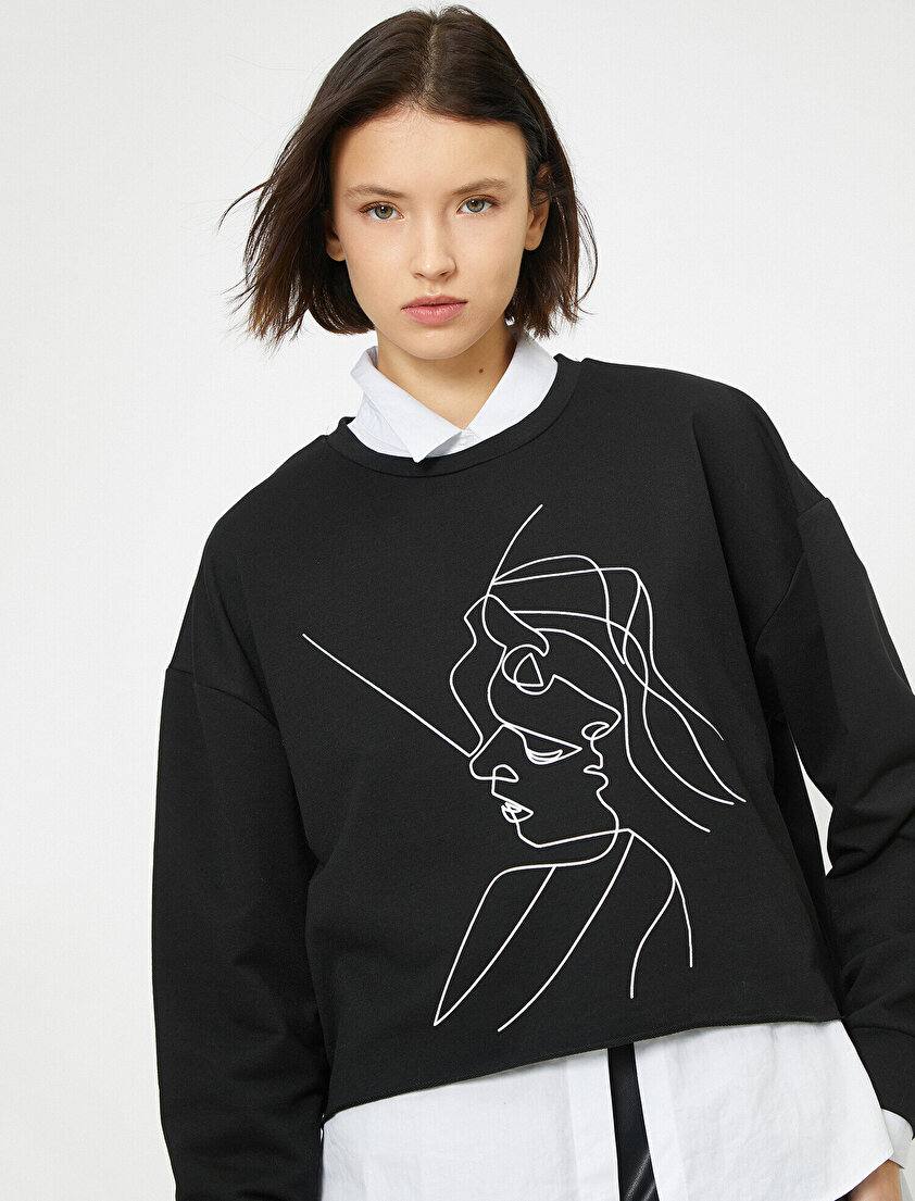 Baskılı Uzun Kol Kısa Sweatshirt