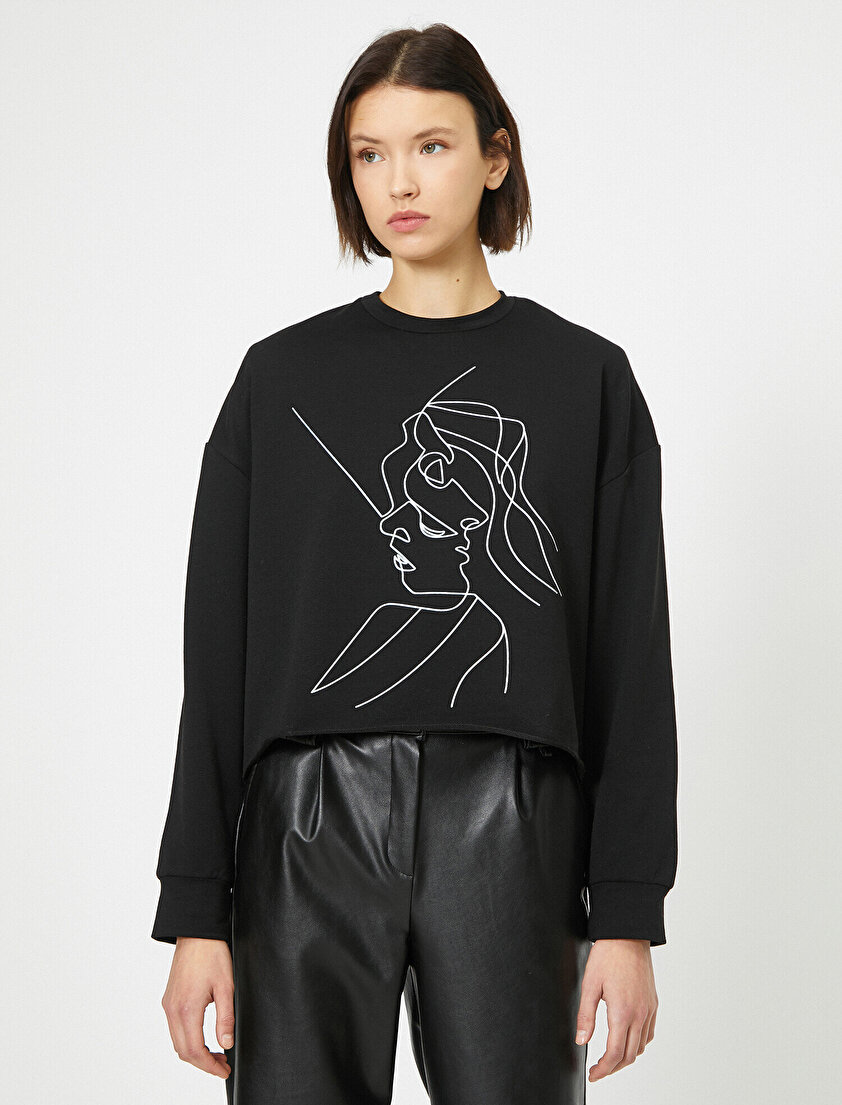 Baskılı Uzun Kol Kısa Sweatshirt