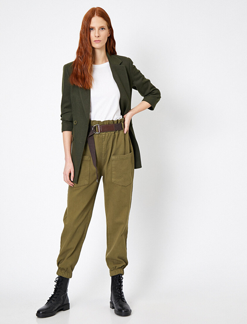 Kemerli Cep Detaylı Lastik Paça Pantolon