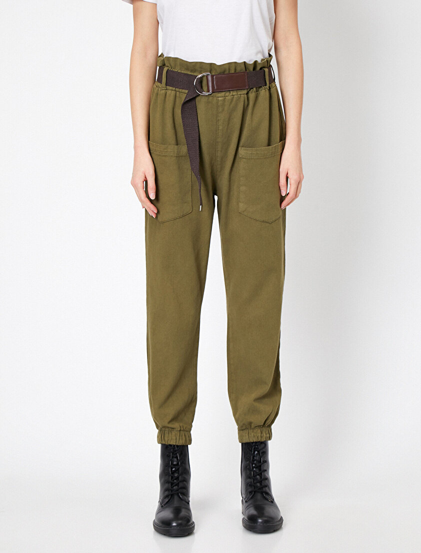 Kemerli Cep Detaylı Lastik Paça Pantolon