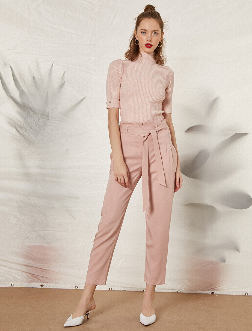 Bağcıklı Yüksek Bel Kısa Paça Pantolon