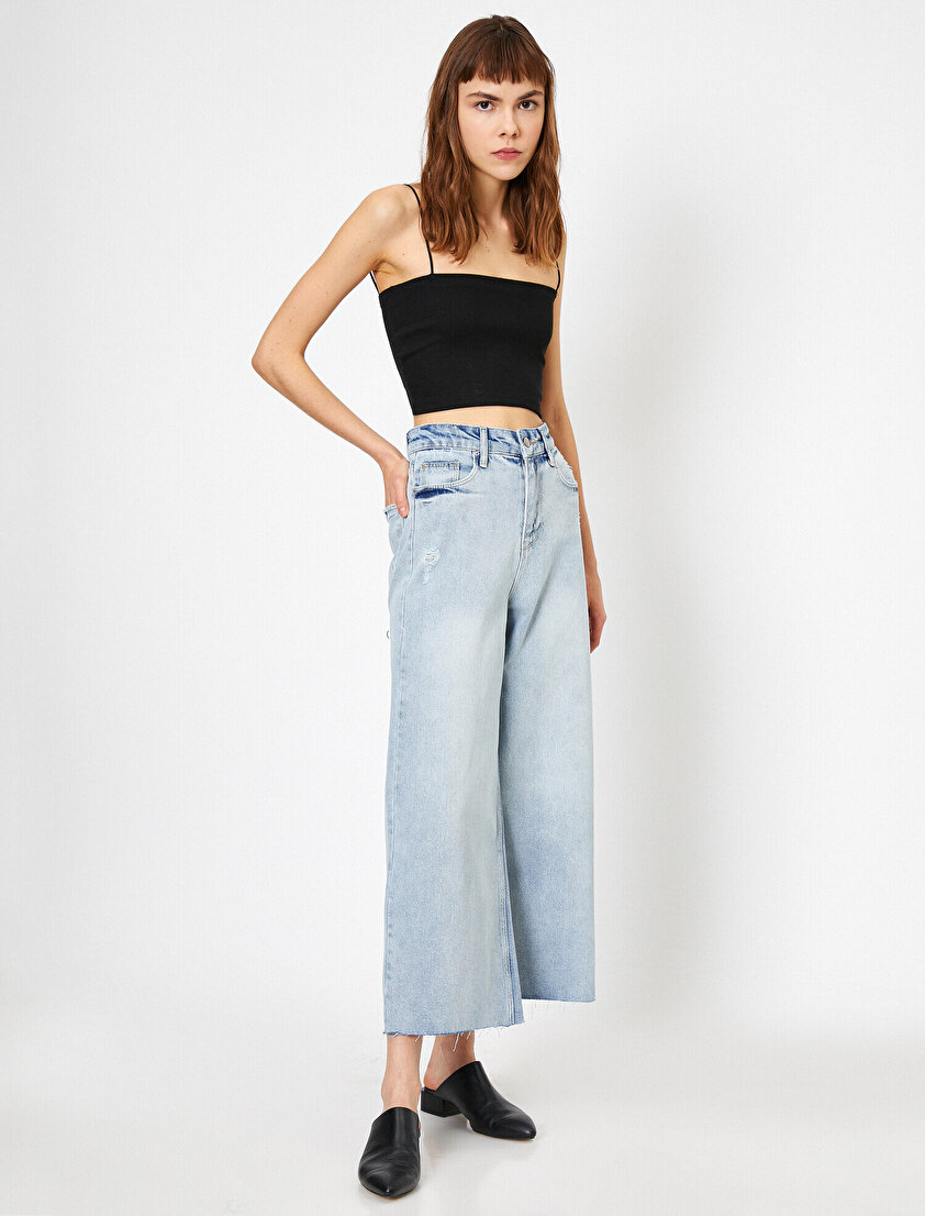 Yüksek Bel Bol Paça Jean Pantolon