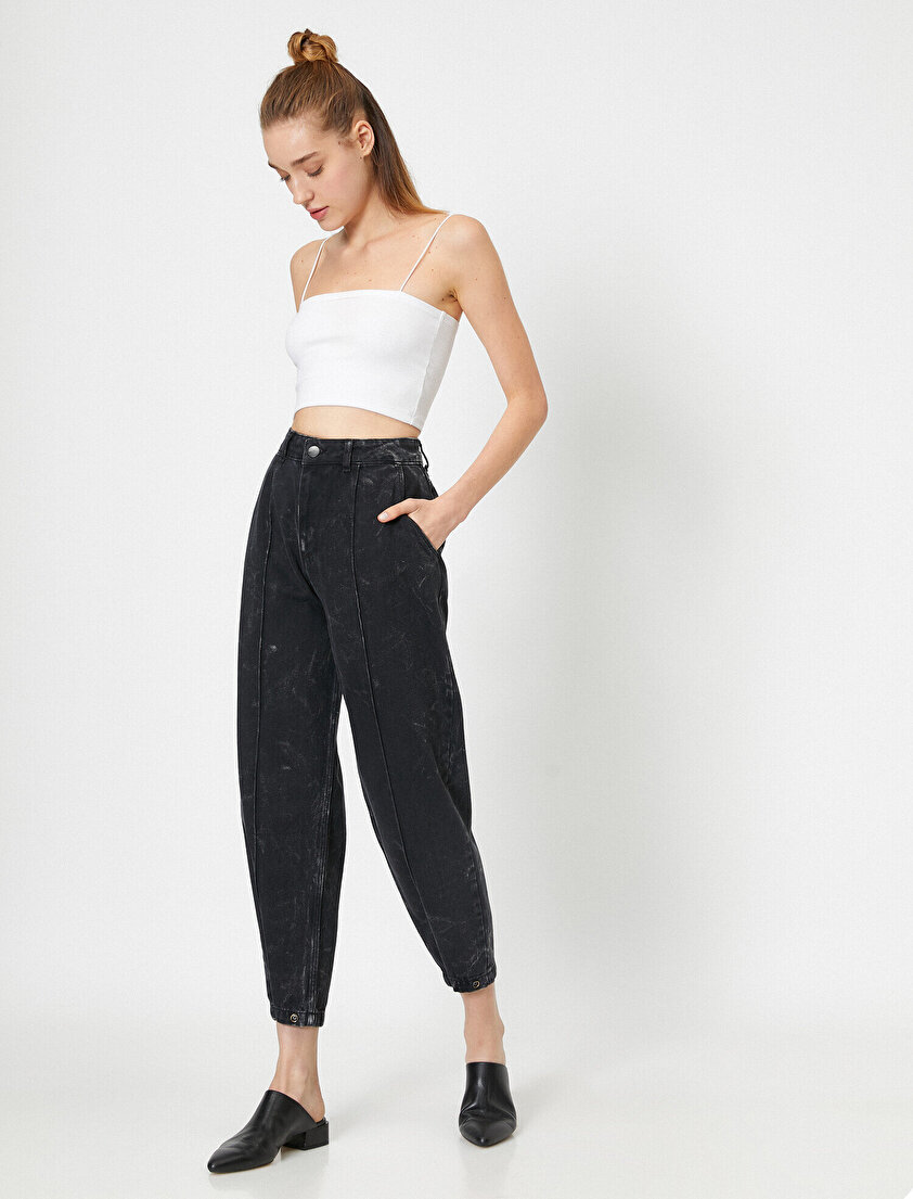 İki Renk Kısa Paça Mom Jean