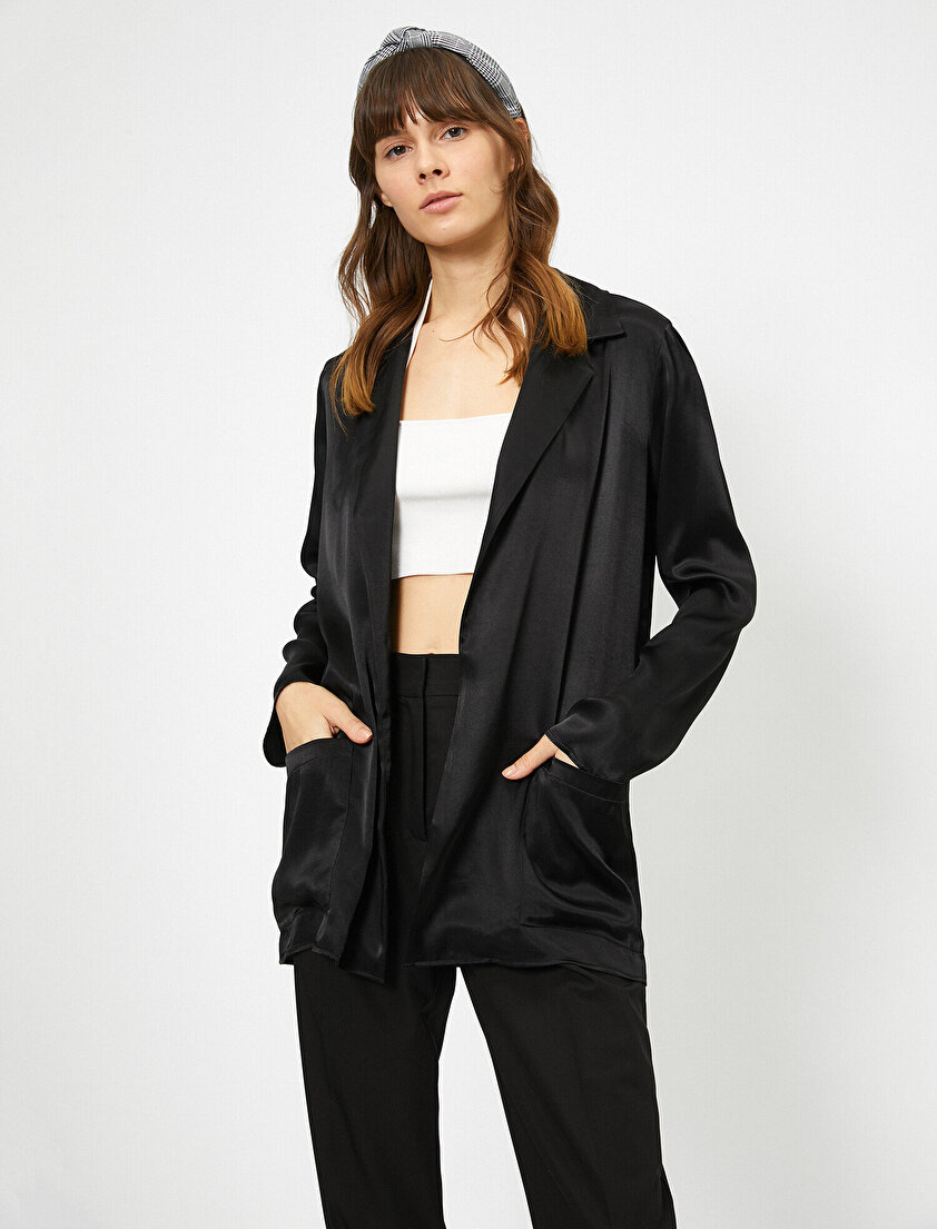 Cep Detaylı Uzun Kollu Saten Ceket