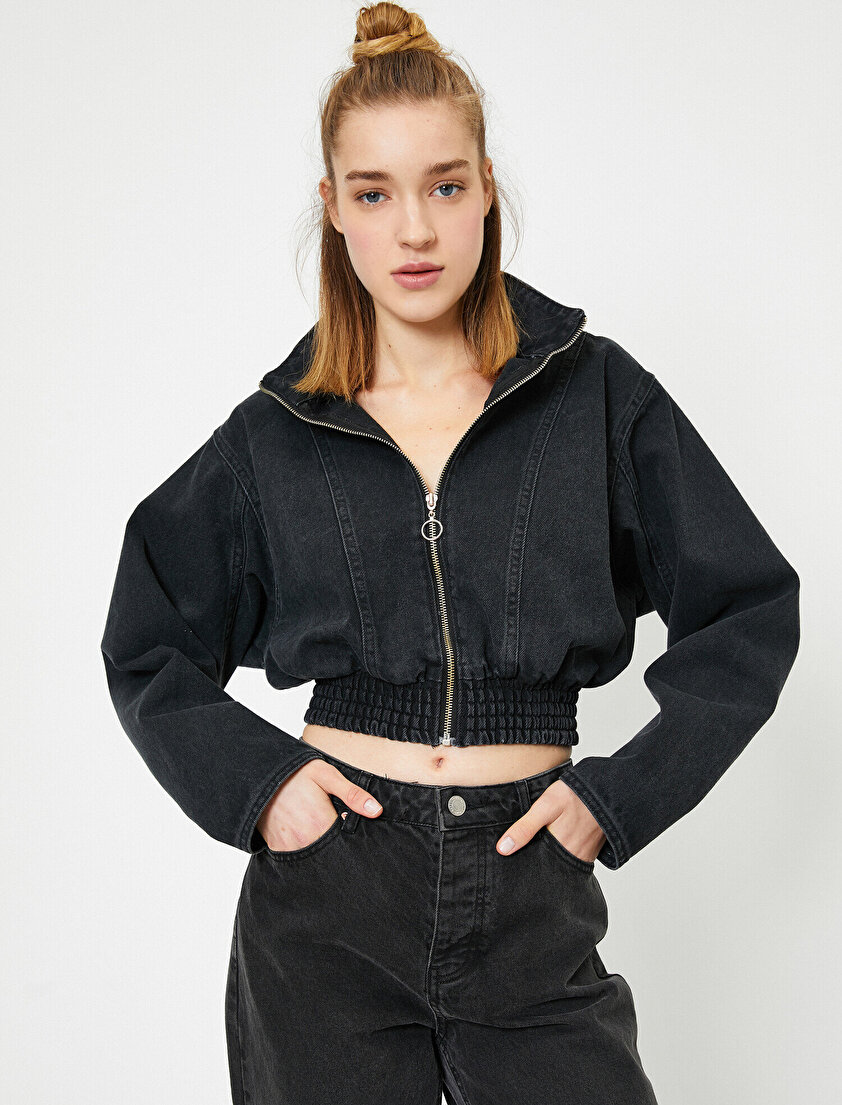 Fermuar Detaylı Uzun Kollu Fermuar Detaylı Jean Ceket