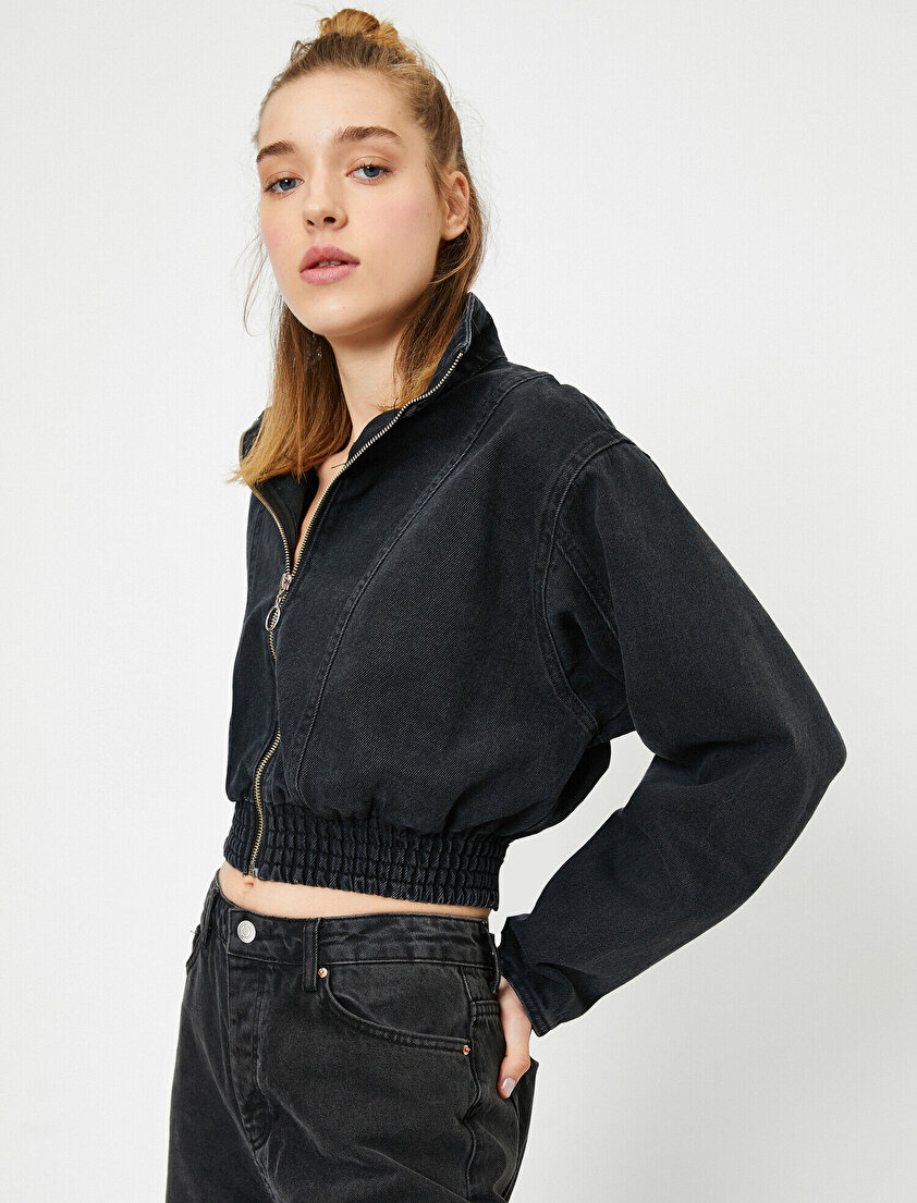 Fermuar Detaylı Uzun Kollu Fermuar Detaylı Jean Ceket