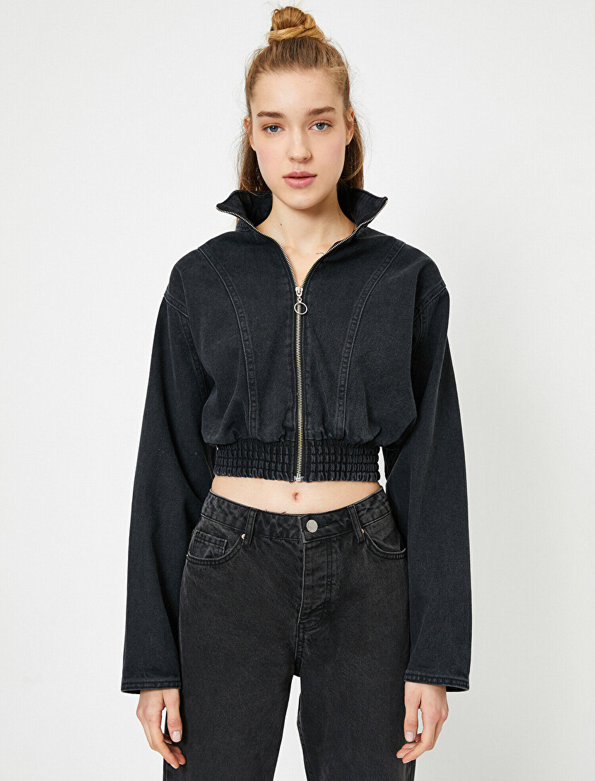 Fermuar Detaylı Uzun Kollu Fermuar Detaylı Jean Ceket