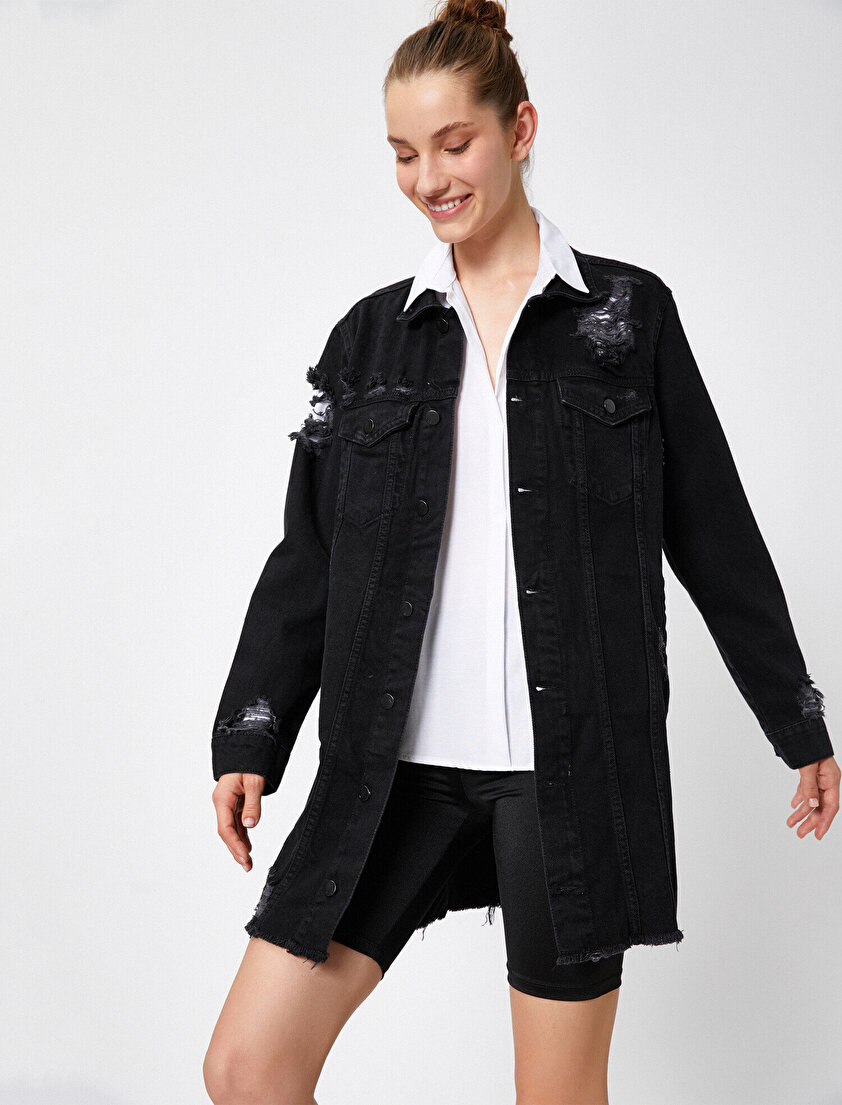  %100 Pamuk Oversize Uzun Sırt Detaylı Kot Ceket