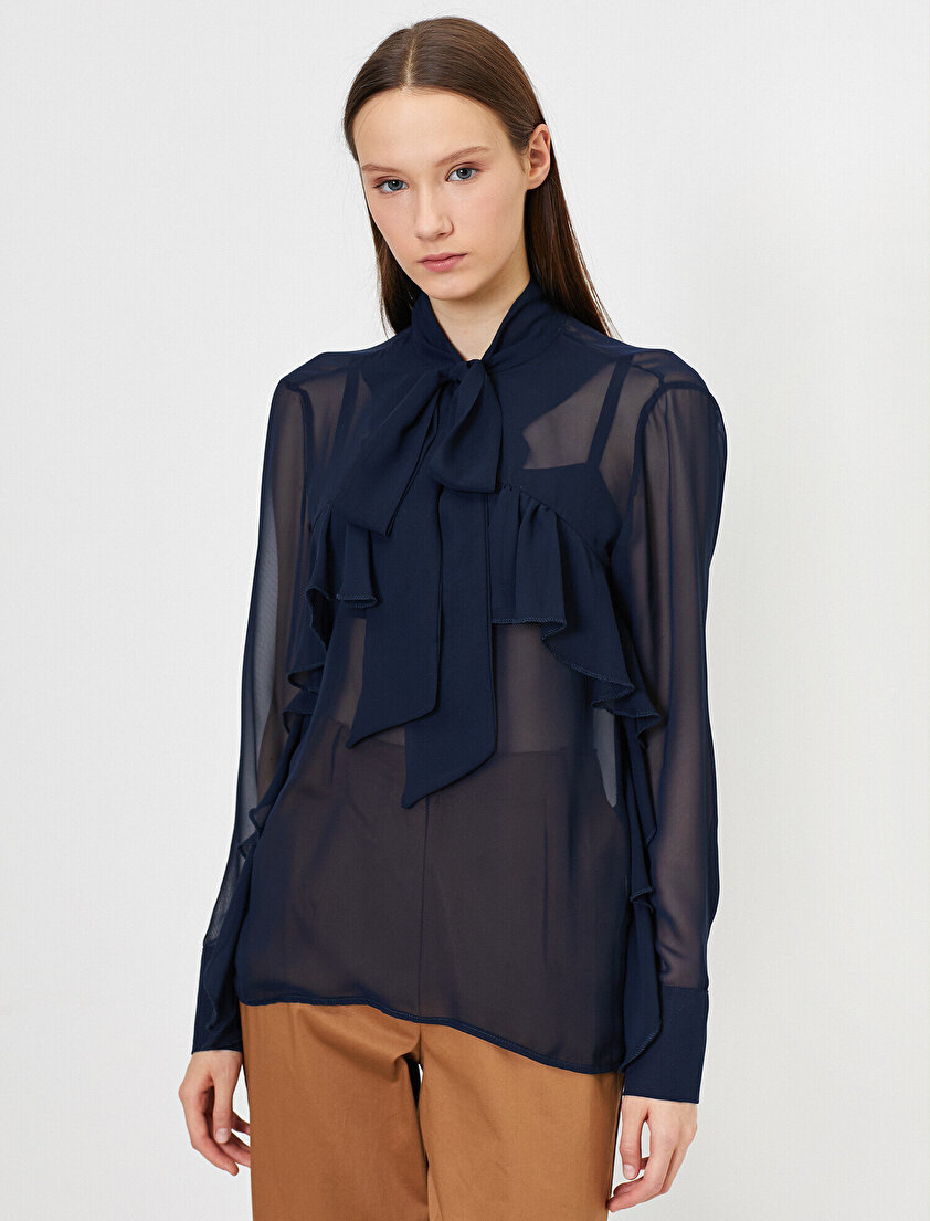 Yaka Bağcık Detaylı Fırfırlı Tül Uzun Kollu Bluz