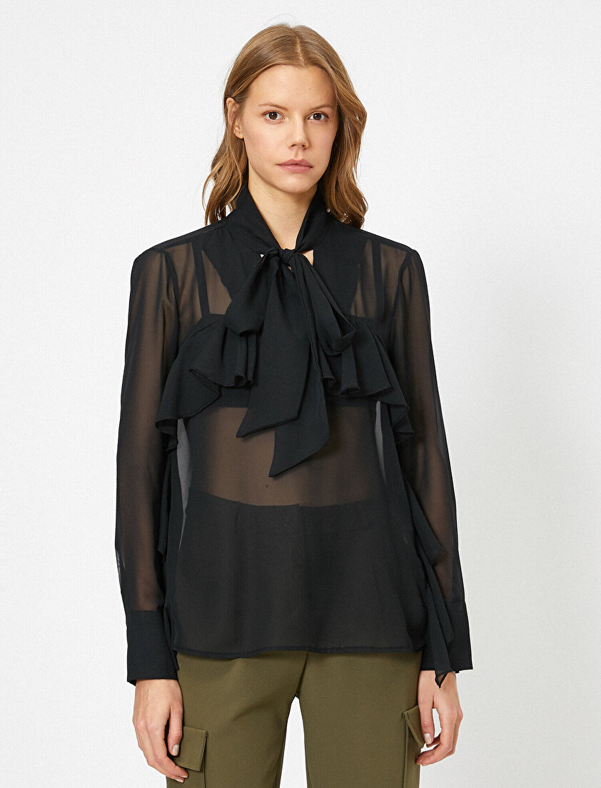 Yaka Bağcık Detaylı Fırfırlı Tül Uzun Kollu Bluz