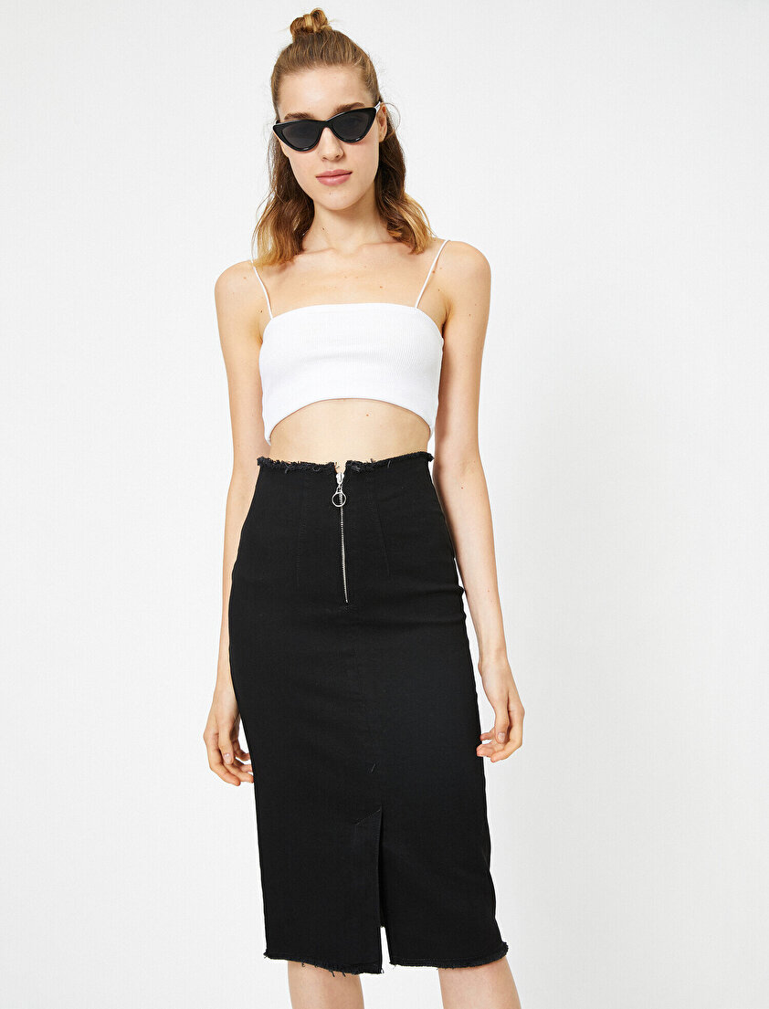 Fermuar Detaylı Yırtmaçlı Midi Etek