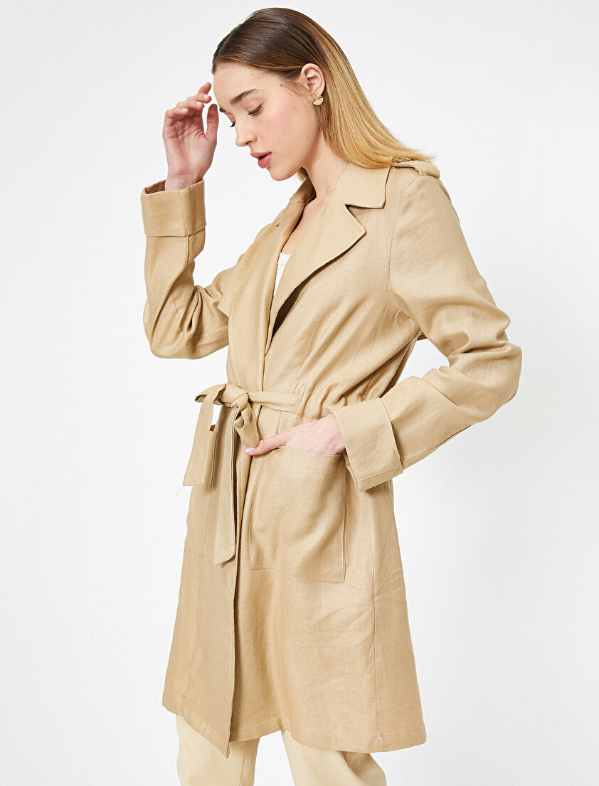 Cep Detaylı Beli Bağlamalı Uzun Kollu Trençkot