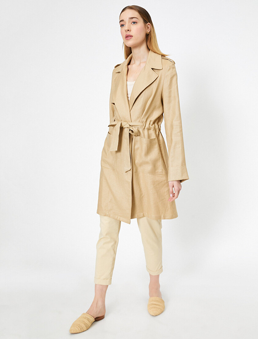 Cep Detaylı Beli Bağlamalı Uzun Kollu Trençkot