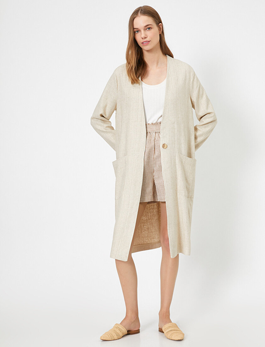 Keten Karışımlı V Yaka Trençkot