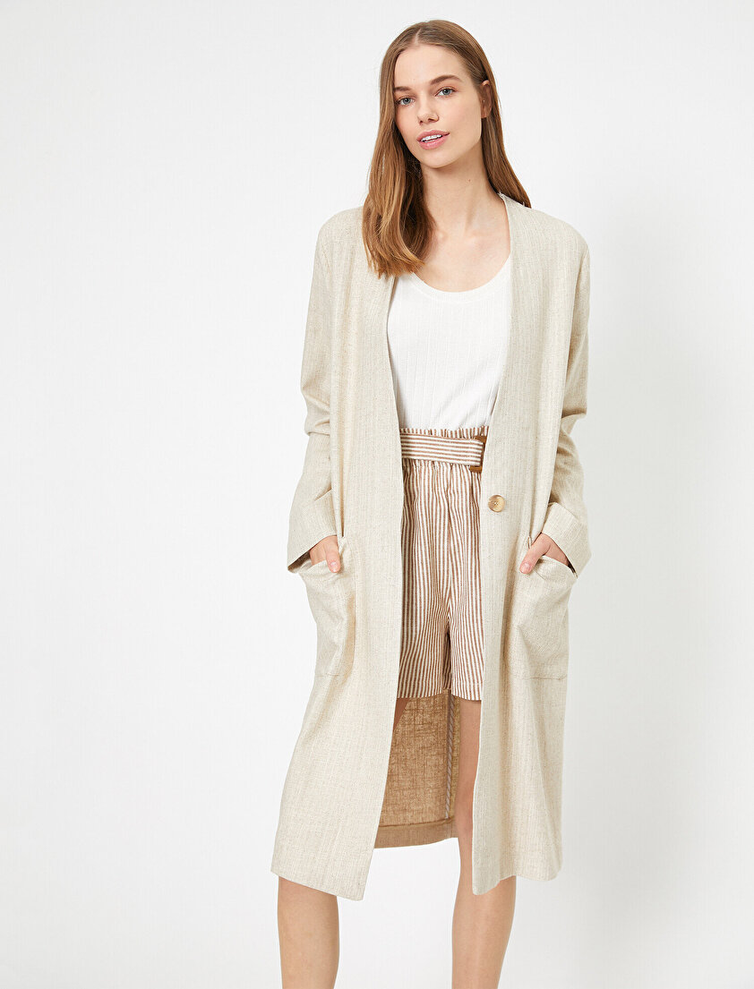 Keten Karışımlı V Yaka Trençkot