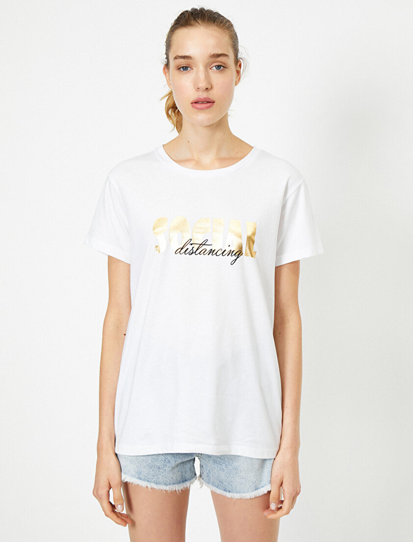 Bisiklet Yaka Kısa Kollu Yazılı Baskılı Tişört