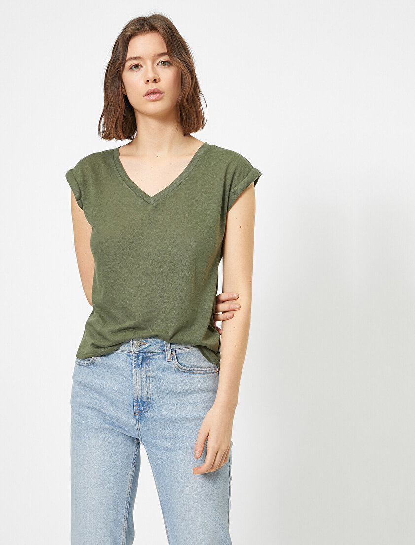 Kol Detaylı V Yaka Basic Tişört