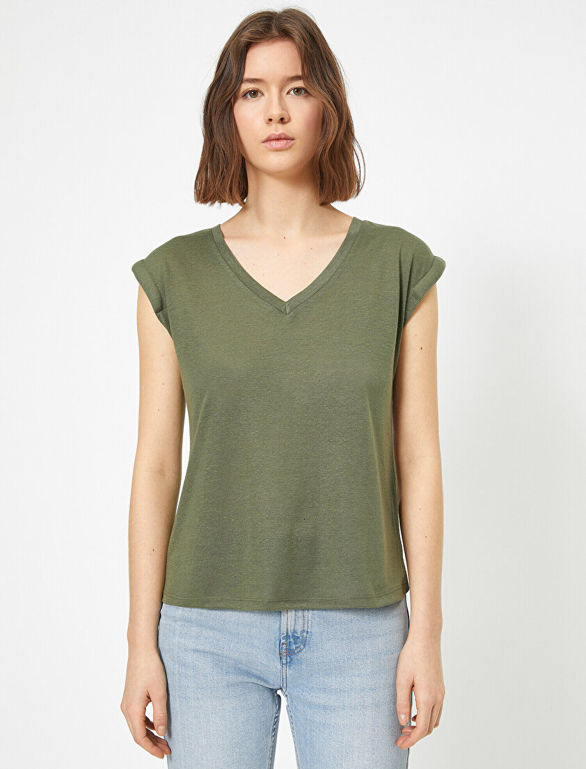 Kol Detaylı V Yaka Basic Tişört
