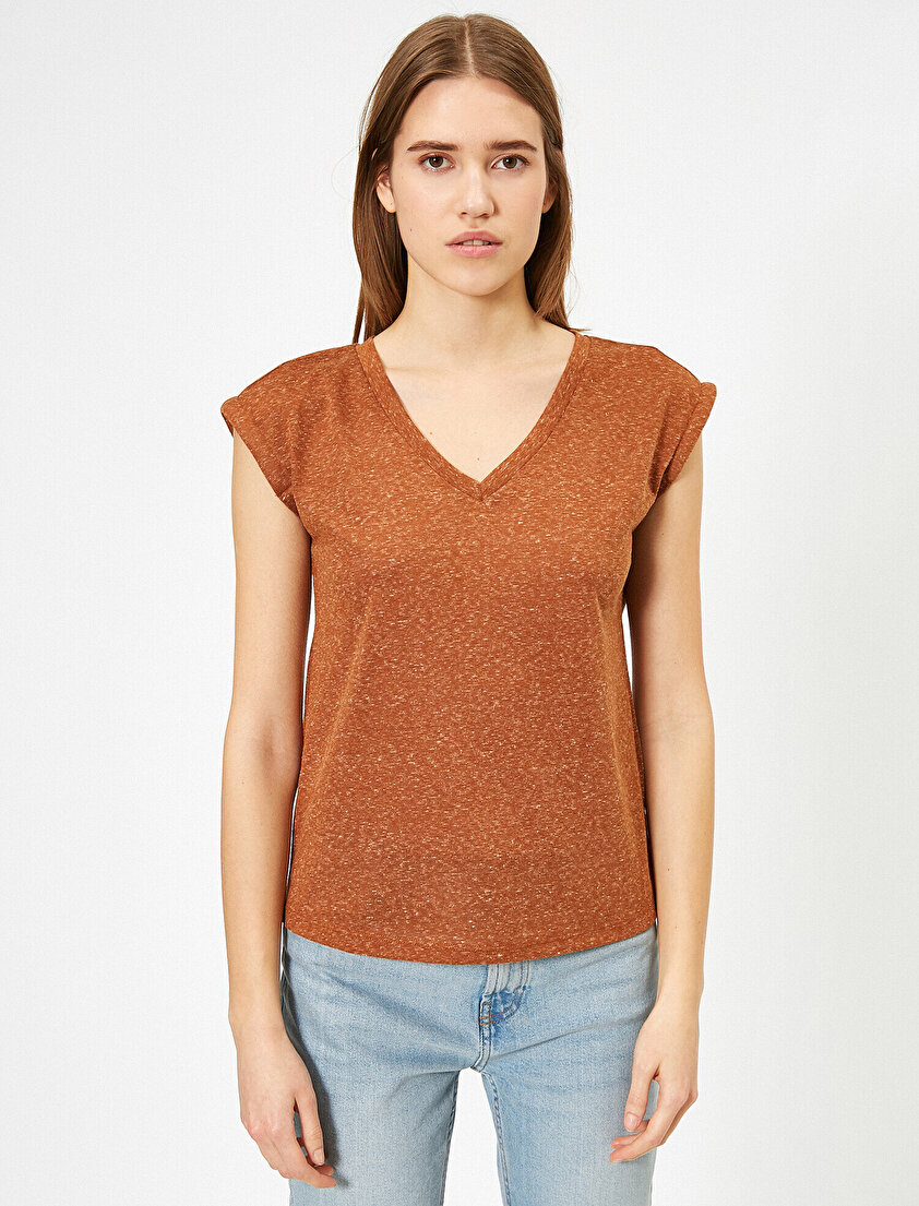 Kol Detaylı V Yaka Basic Tişört