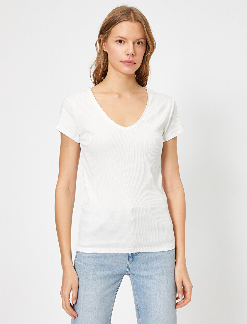 V Yaka Ribana Tişört