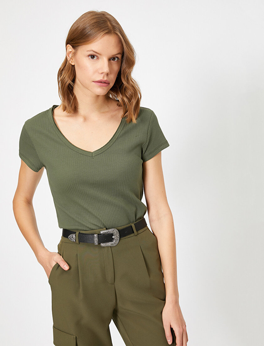 V Yaka Ribana Tişört