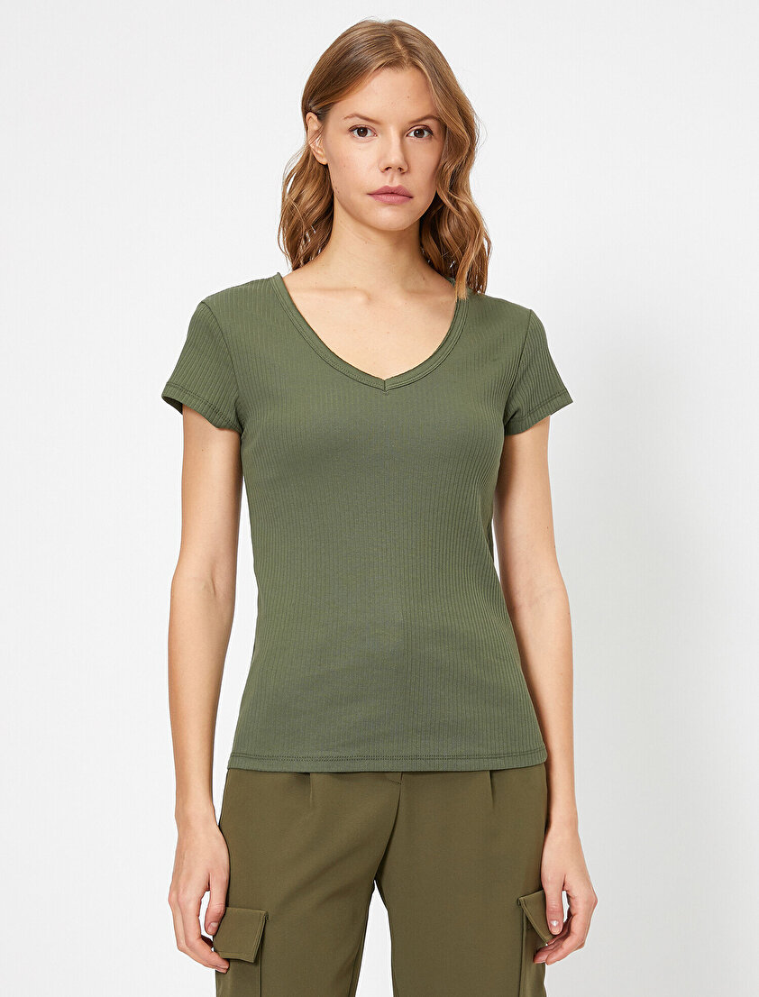 V Yaka Ribana Tişört