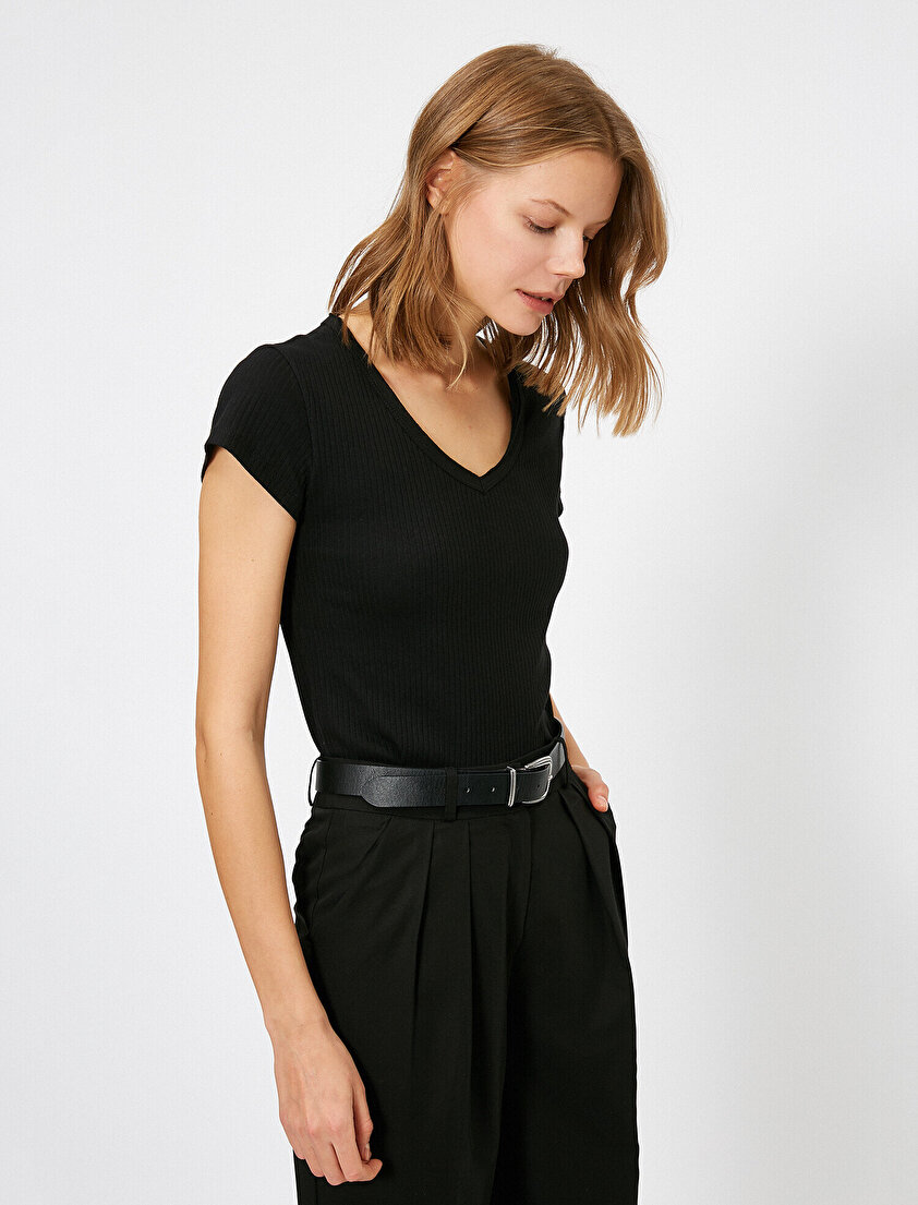 V Yaka Ribana Tişört