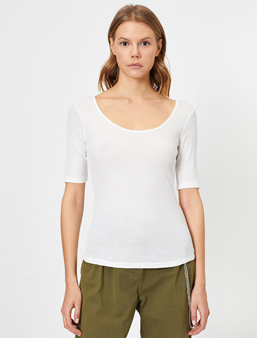 Oyuk Yaka 3/4 Kollu Ribana Tişört