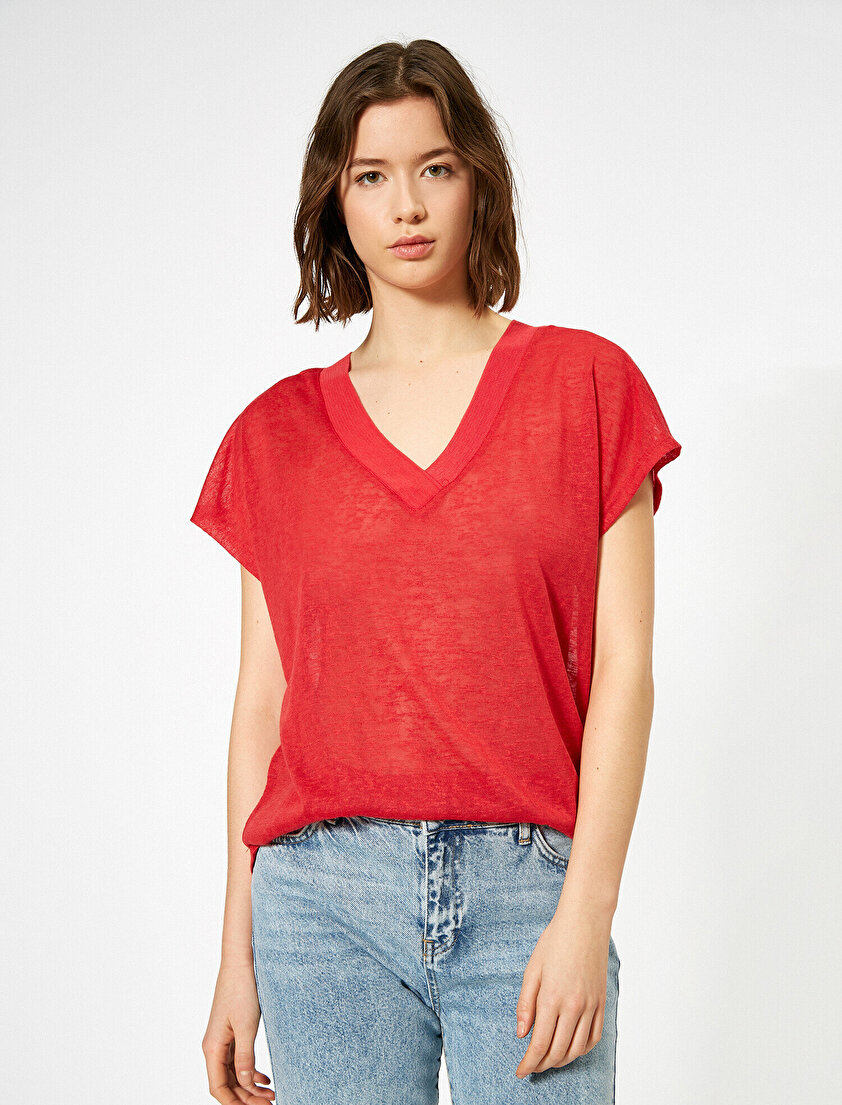 Keten Görünümlü V Yaka Tişört