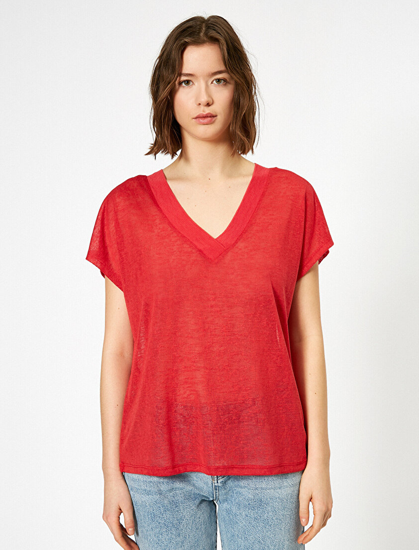 Keten Görünümlü V Yaka Tişört