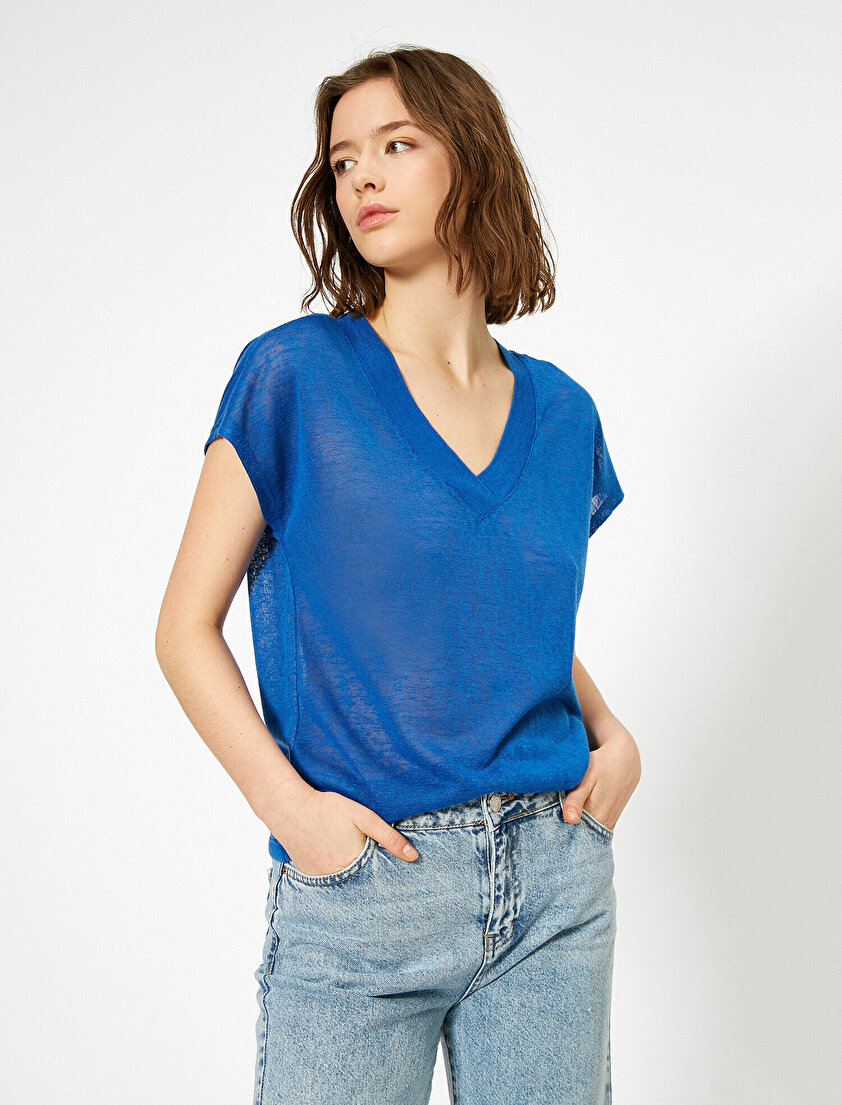 Keten Görünümlü V Yaka Tişört