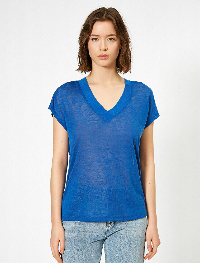 Keten Görünümlü V Yaka Tişört