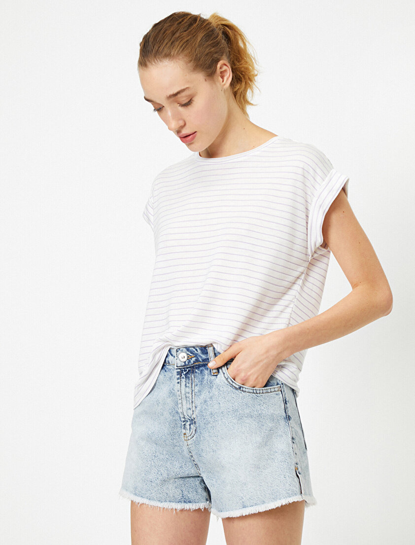 Bisiklet Yaka Kısa Kollu Çizgili Antibakteriyel Tişört