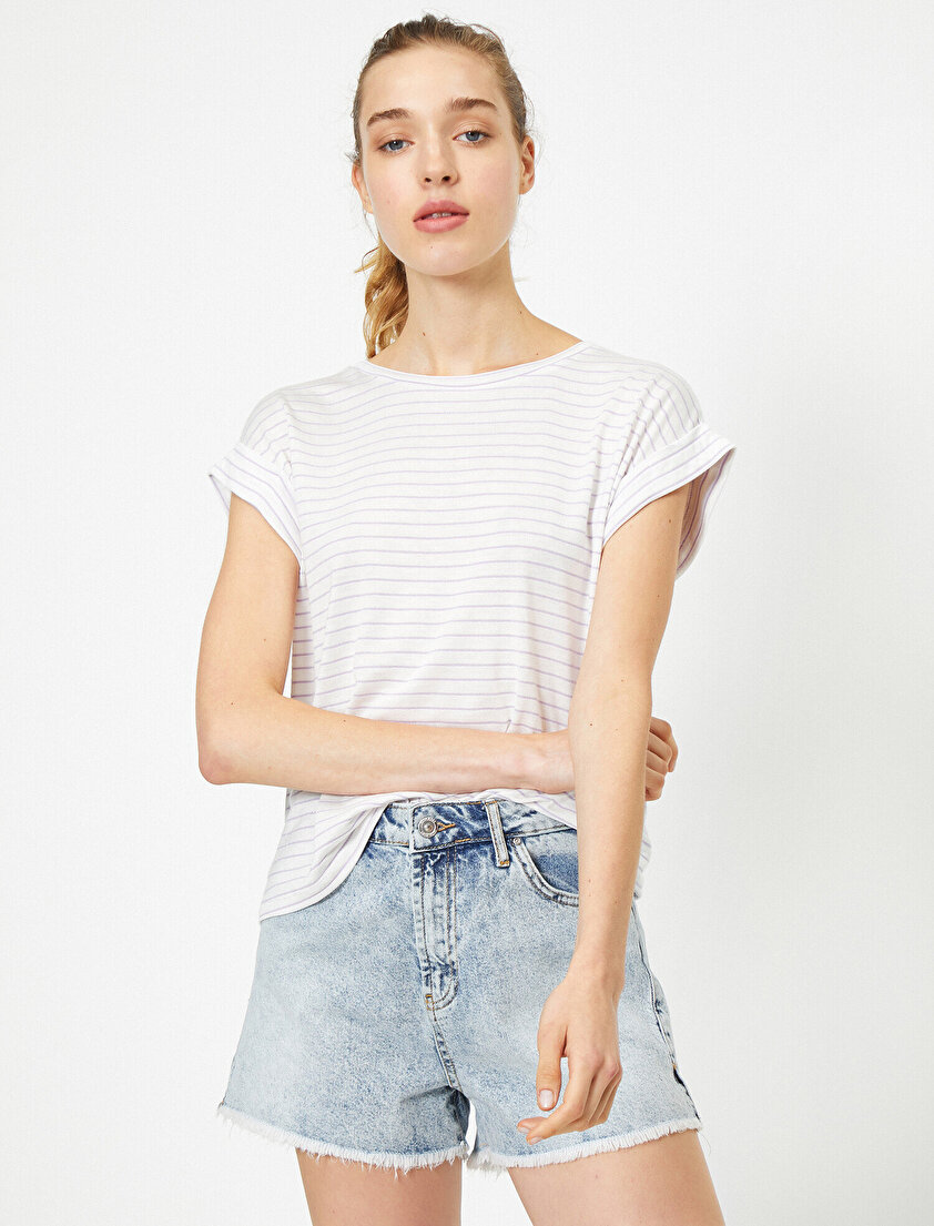 Bisiklet Yaka Kısa Kollu Çizgili Antibakteriyel Tişört