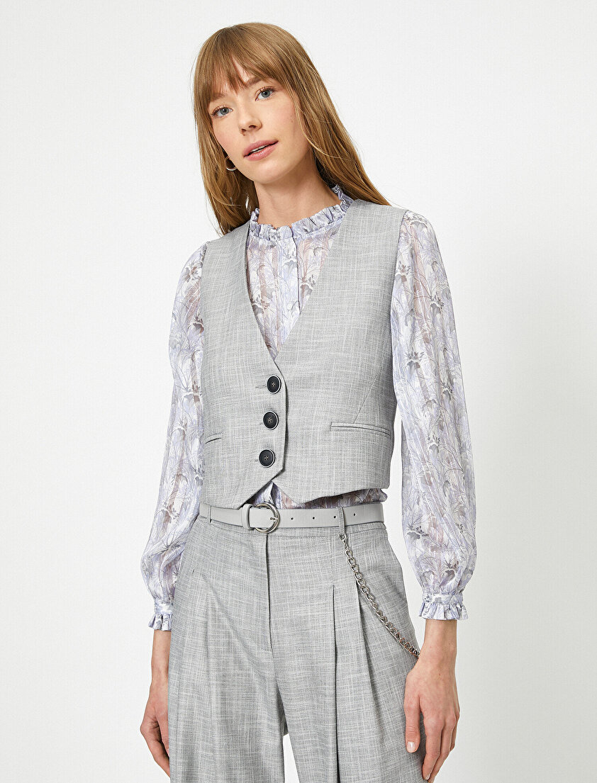 V Yaka  Düğme Detaylı Yelek