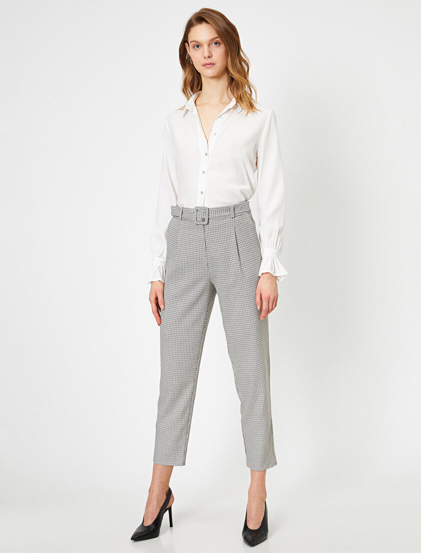 Yüksek Bel Kemer Detaylı Ekoseli Pantolon