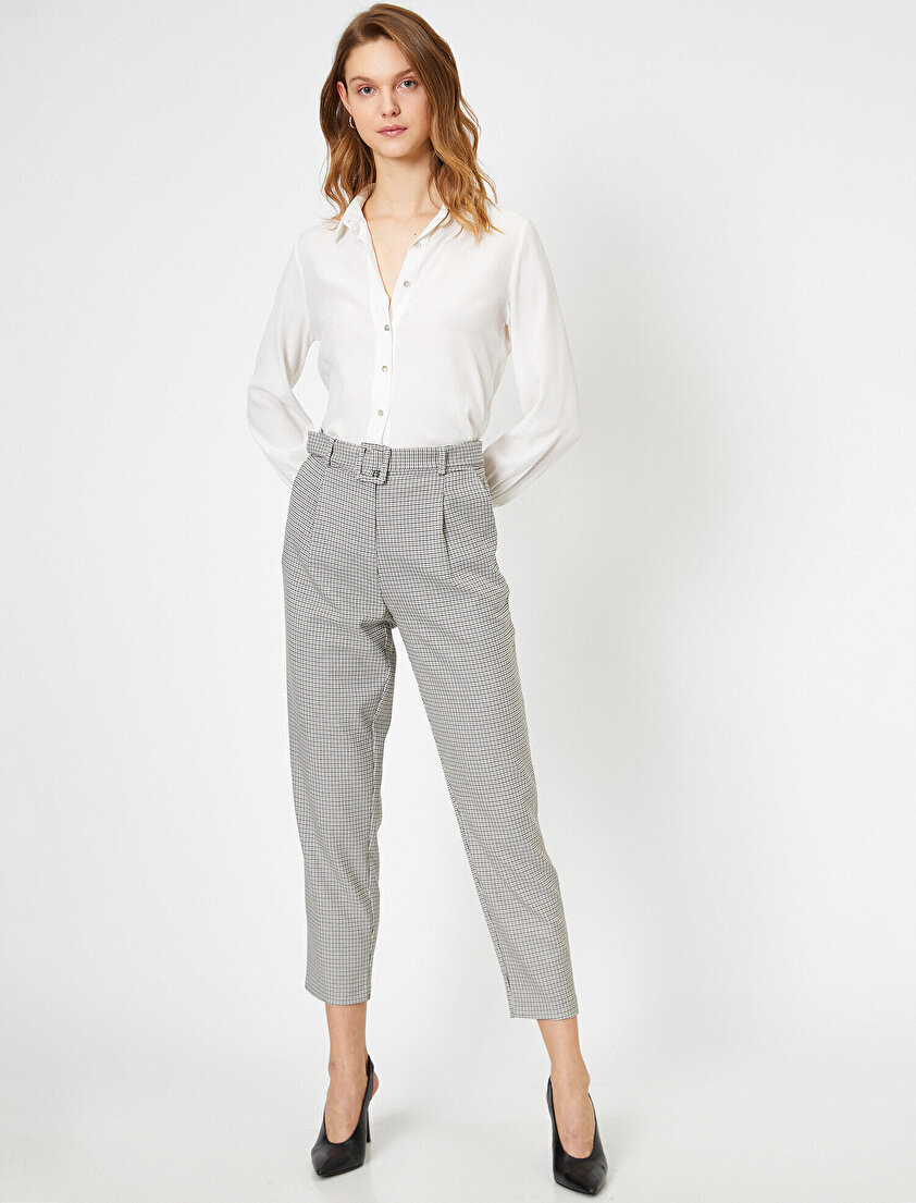 Yüksek Bel Kemer Detaylı Ekoseli Pantolon