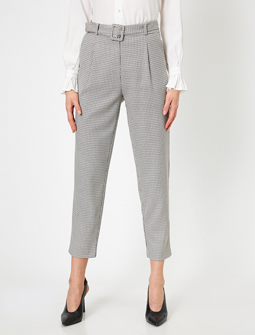 Yüksek Bel Kemer Detaylı Ekoseli Pantolon