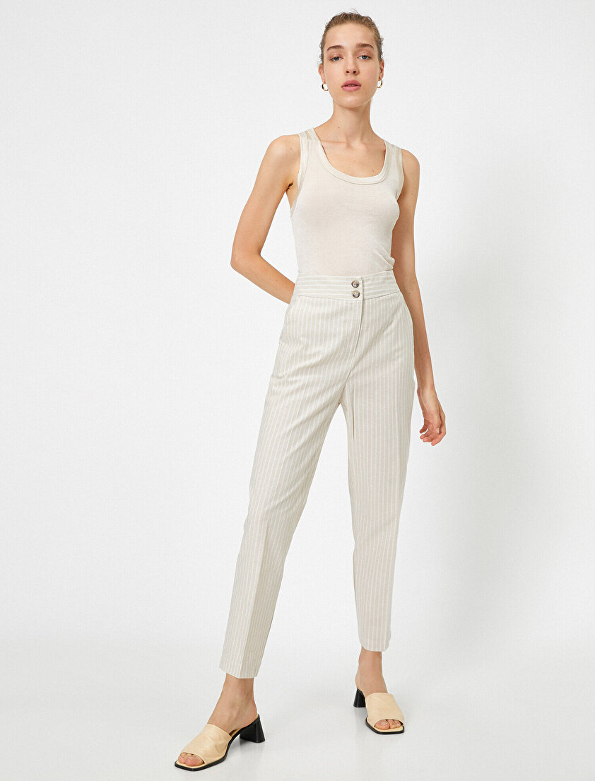 Keten Karışımlı Havuç Kesim Yüksek Bel Pantolon