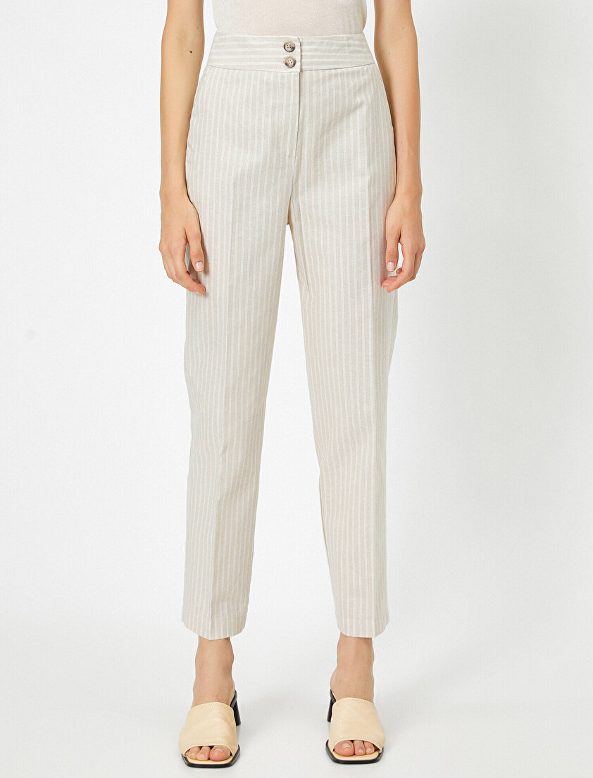 Keten Karışımlı Havuç Kesim Yüksek Bel Pantolon