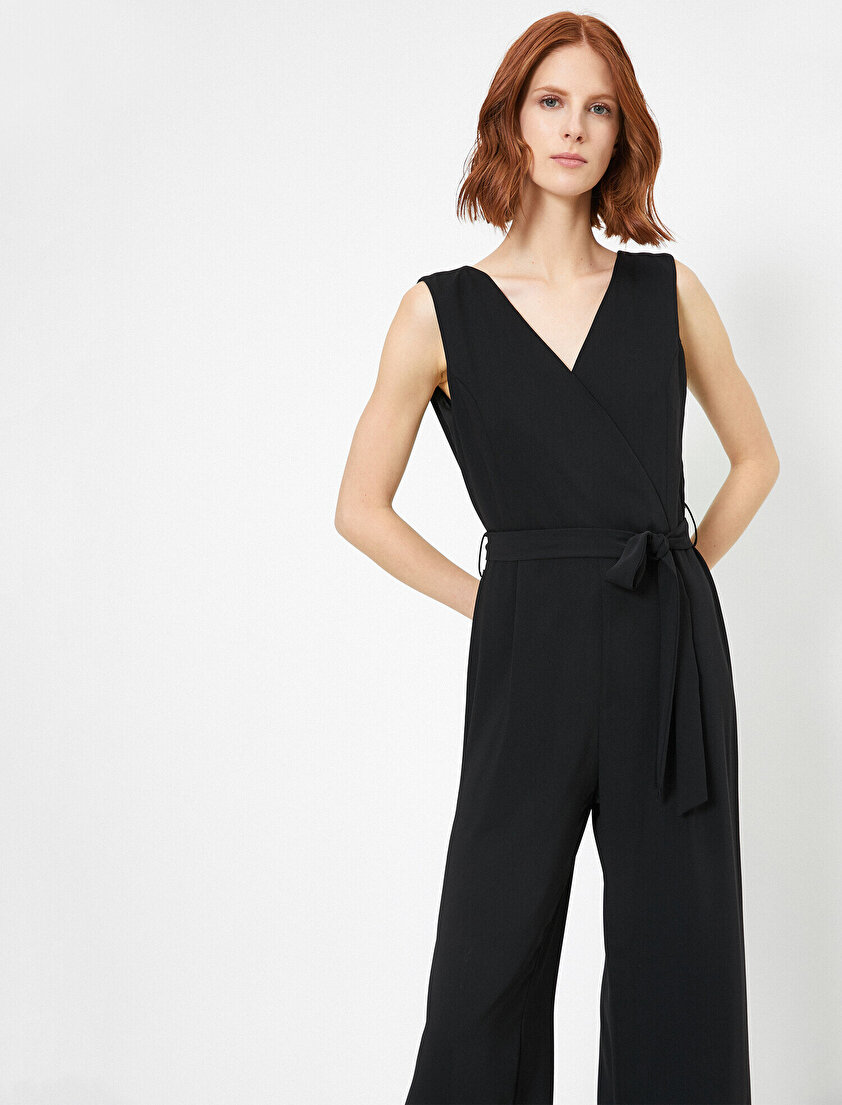 V Yaka Beli Bağlamalı Geniş Paça Tulum