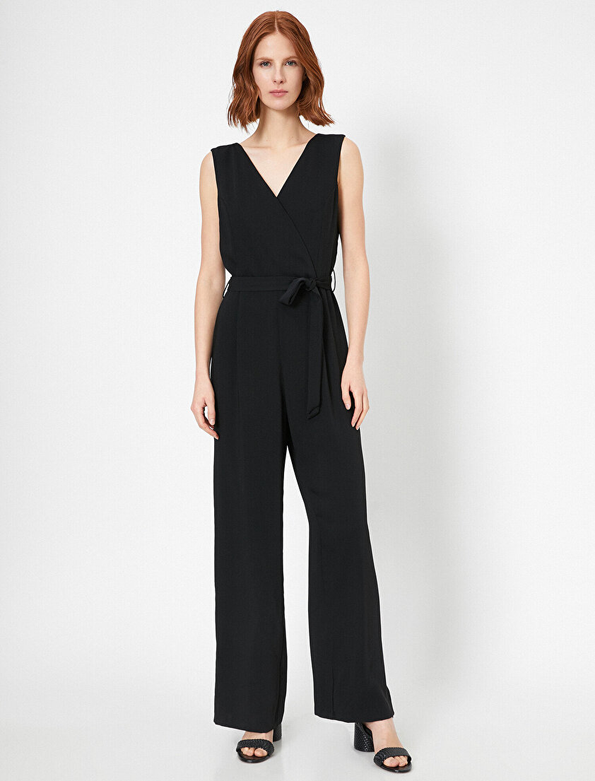 V Yaka Beli Bağlamalı Geniş Paça Tulum